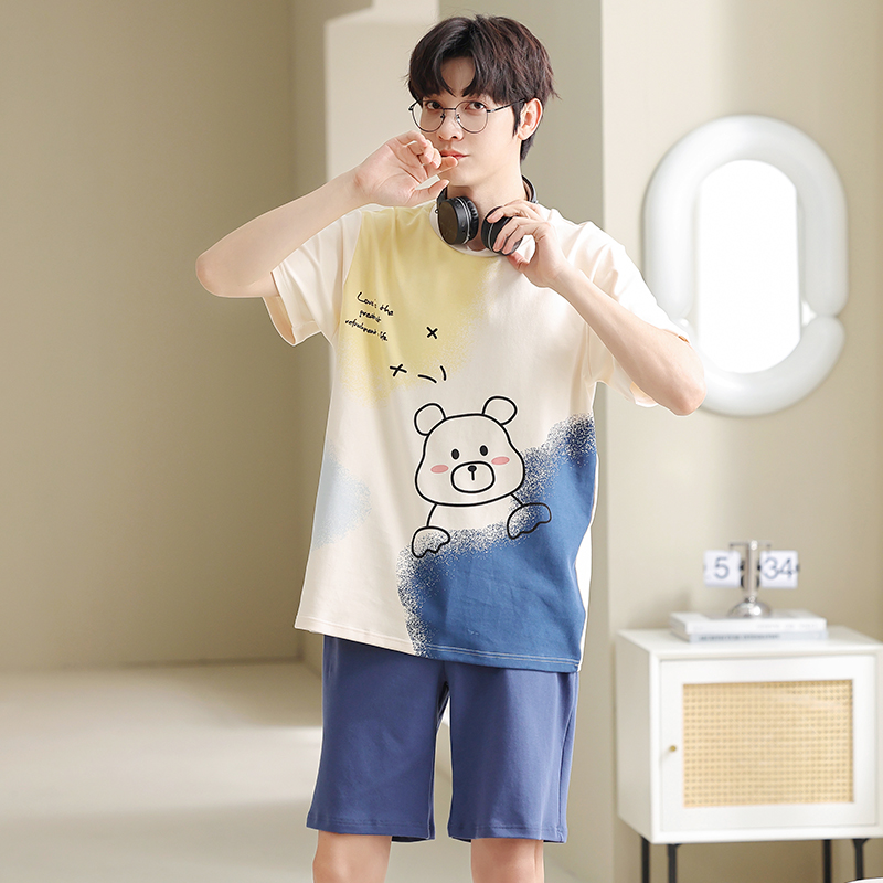 男士男款夏季纯棉短袖100%天睡衣 雅模派对睡衣/家居服套装