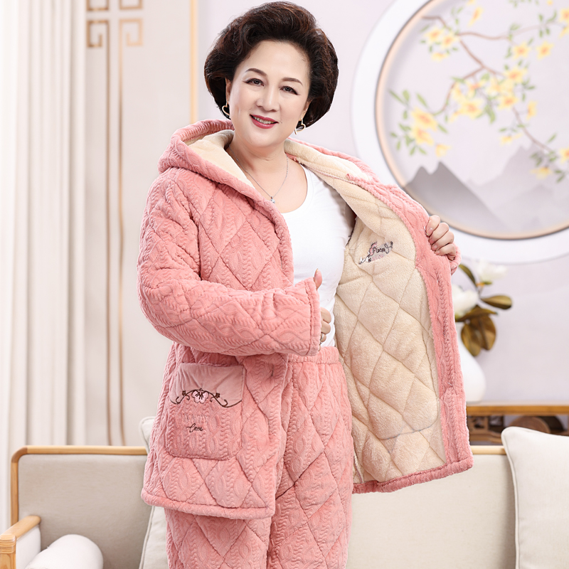 中老年睡衣女士珊瑚绒三层夹棉加厚加绒连帽套装中老人保暖家居服