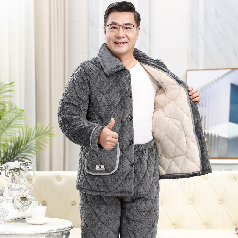 睡衣男士秋冬季三层加厚加绒珊瑚绒夹棉中老年保暖爸爸家居服套装 - 图2