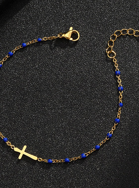 跨境欧美时尚十字架不锈钢手链女气质百搭简约情侣钛钢手链手饰品