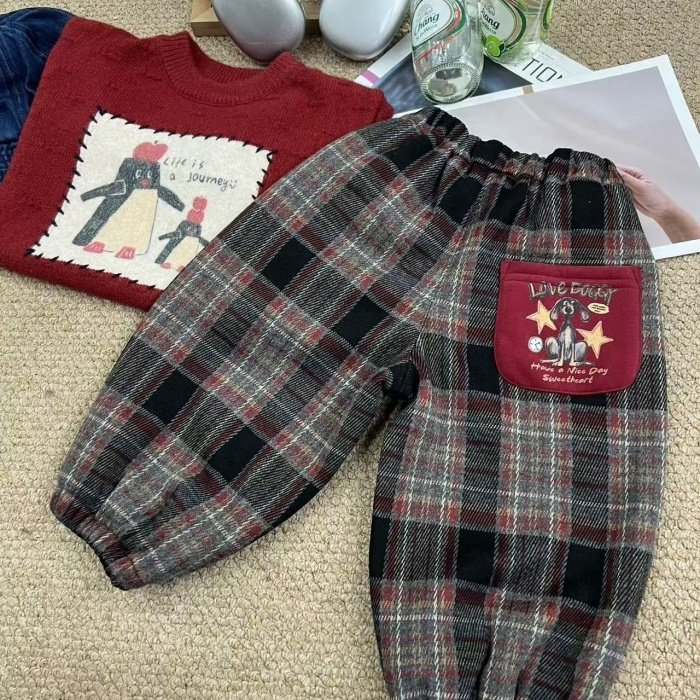 男女童冬季圆领可爱卡通企鹅上衣男宝休闲宽松毛衣加绒格子收脚裤,淘宝优惠券,粉丝福利购,淘宝优惠卷
