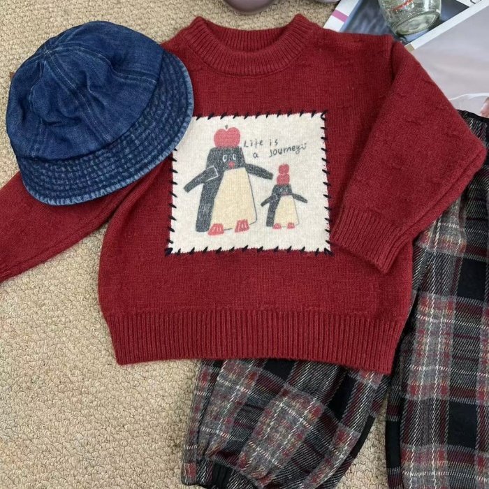 男女童冬季圆领可爱卡通企鹅上衣男宝休闲宽松毛衣加绒格子收脚裤,淘宝优惠券,粉丝福利购,淘宝优惠卷