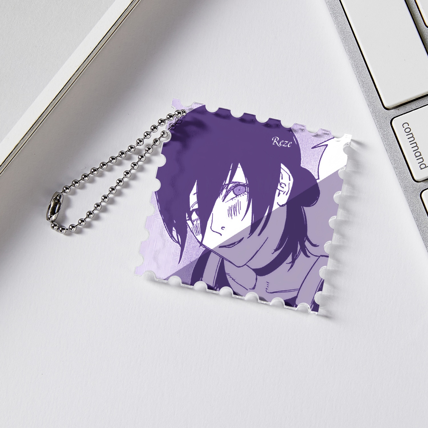 电锯人蕾塞篇透明邮票挂件 链锯人蕾塞银色珠链钥匙扣  55x55mm - 图0