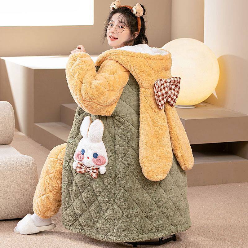 冬季加厚加绒三层夹棉保暖睡衣两件套男女可爱卡通黄兔兔连帽睡袍,淘宝优惠券,粉丝福利购,淘宝优惠卷