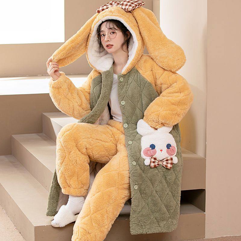 冬季加厚加绒三层夹棉保暖睡衣两件套男女可爱卡通黄兔兔连帽睡袍,淘宝优惠券,粉丝福利购,淘宝优惠卷