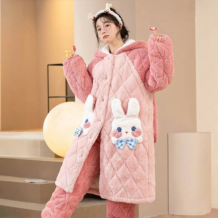 冬季加厚加绒三层夹棉保暖睡衣两件套男女可爱卡通粉兔兔连帽睡袍,淘宝优惠券,粉丝福利购,淘宝优惠卷