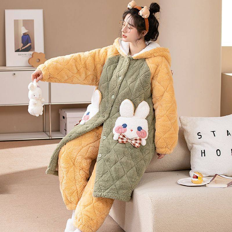 冬季加厚加绒三层夹棉保暖睡衣两件套男女可爱卡通黄兔兔连帽睡袍,淘宝优惠券,粉丝福利购,淘宝优惠卷