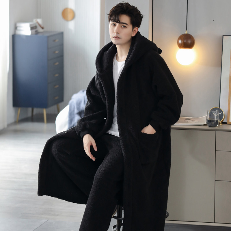 连帽男冬季加绒长款扣子珊瑚绒睡衣 辉尔雅睡袍/浴袍