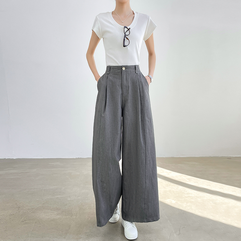 烟灰色亚麻牛仔休闲裤女夏季薄款高腰宽松九分小个子垂感大阔腿裤 - 图0
