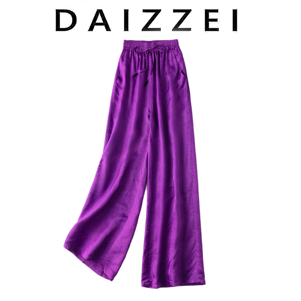 DAIZZEI~春夏国风提花织锦缎松紧腰系带长裤阔腿裤直筒裤宽松女新 - 图3