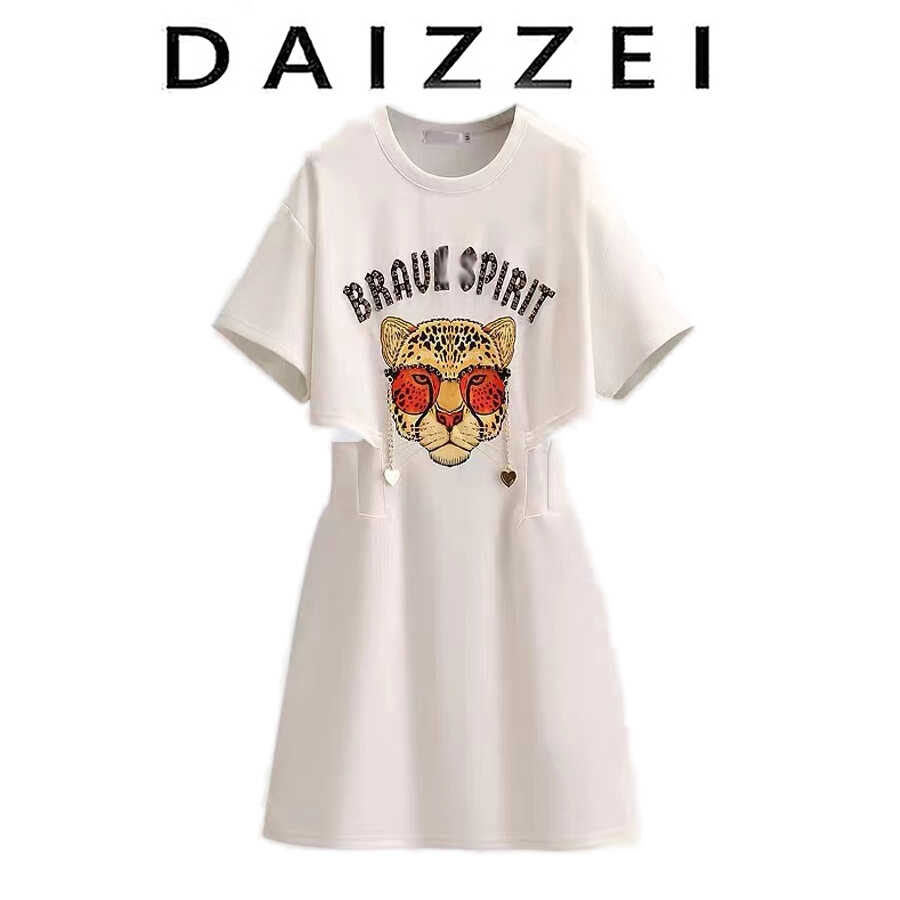 DAIZZEI~夏季新款重工豹头运动连衣裙女小众设计感休闲露腰T恤裙-图0