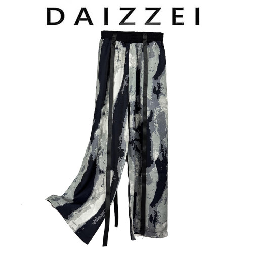 DAIZZEI~高端真丝阔腿裤女夏季显高显瘦复古水墨印花休闲拖地长裤-图2