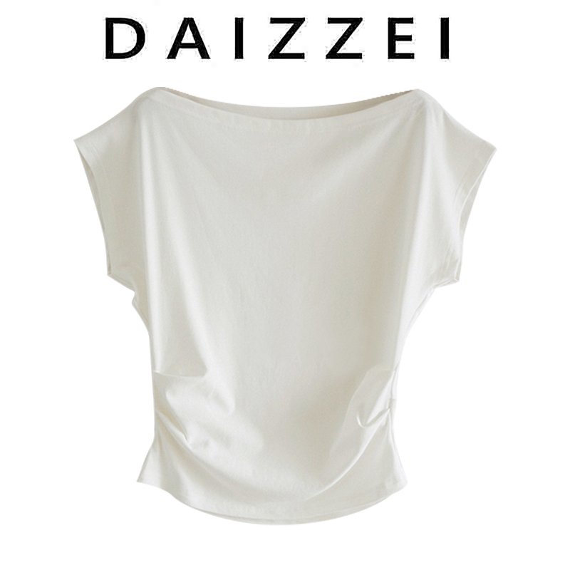 DAIZZEI~绿色显白短袖T恤女2022夏新款腰间压褶一字领飞飞袖上衣 - 图1