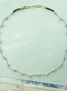 with it海蓝宝镀金珠手链复古棕色编织绳串珠拉长石黄水晶法式171