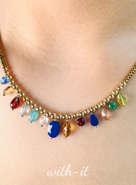 with it金色彩宝珠串项链意大利风UN天然石复古珠宝首饰礼物253