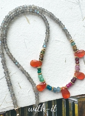 with it印度进口拉长石项链水滴橘玛瑙吊坠彩色珠串意大利风199