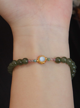 进口爆款天然6MM和田玉手链女蜜蜡碧玺玉石珠宝手链送闺蜜礼物