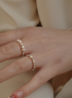 进口s925纯银碎银子天然珍珠戒指简约ins高级感气质小众设计弹力