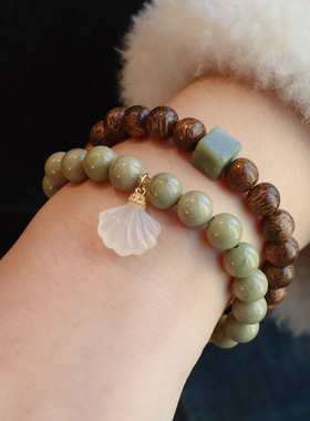 进口天然阿拉善白水晶手链搭配沉香木跑环抹茶绿牛油果小清新百搭