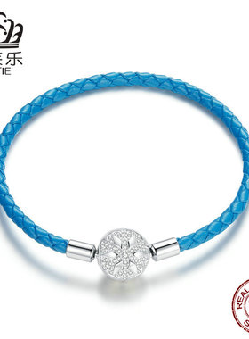 美汝仙 雪花扣头s925纯银蓝色编织皮绳基础手链原创设计新品