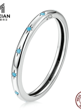 美汝仙 原创纯银s925芒星戒指 简约蓝色锆石个性百搭指环手饰