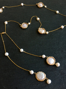 L.ruby毛衣链天然纽扣珍珠