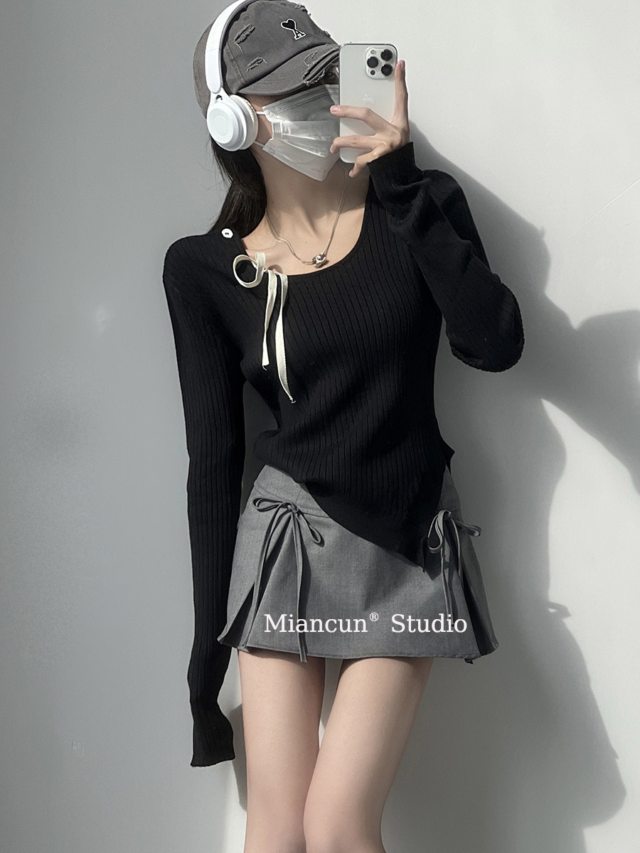 棉村 设计感露肩性感不对称系带针织衫上衣女一字肩辣妹打底毛衣,淘宝优惠券,粉丝福利购,淘宝优惠卷