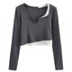 European and American retro long-sleeved V-neck contrast crop top for women