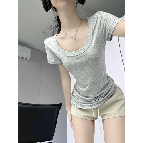 基础款休闲大U领宽松T恤女夏薄款正肩短袖白色设计感小众显瘦上衣 - 图0