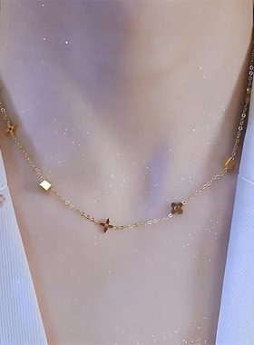 钛钢不掉色方块花花项链女四叶草