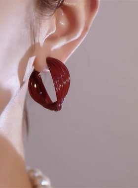 925银针酒红色滴釉大耳圈耳环女
