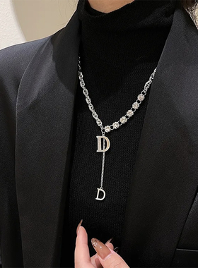 网红D字母流苏项链女毛衣链秋冬