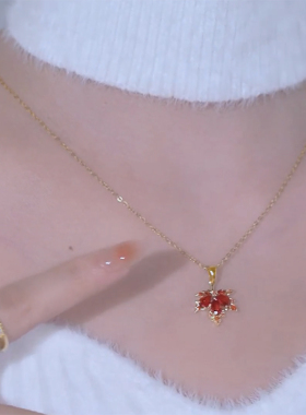 红色枫叶项链女简约长款毛衣配饰