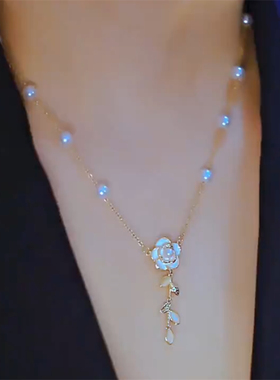 夏季新款白色山茶花流苏项链女