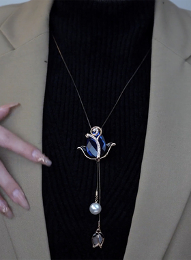 蓝色水晶郁金香毛衣链女秋冬项链