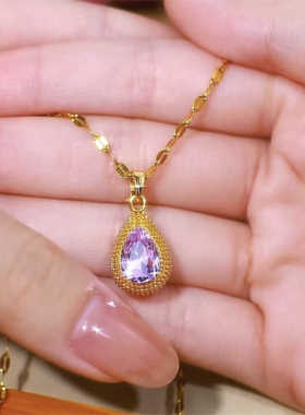 紫色锆石水滴项链钛钢