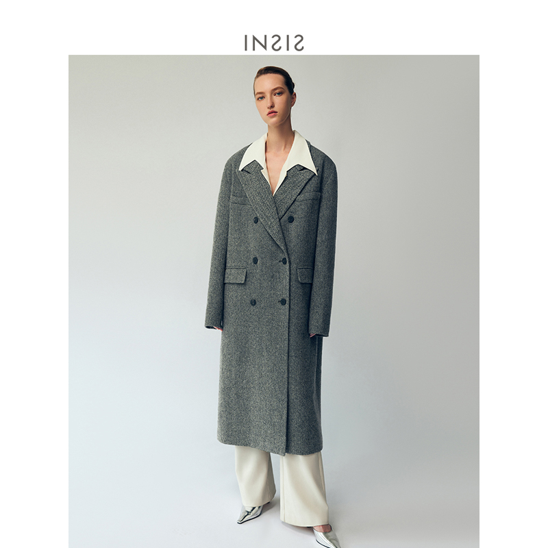 insisfemme枪驳领人字纹经典呢大衣 insisfemme毛呢外套