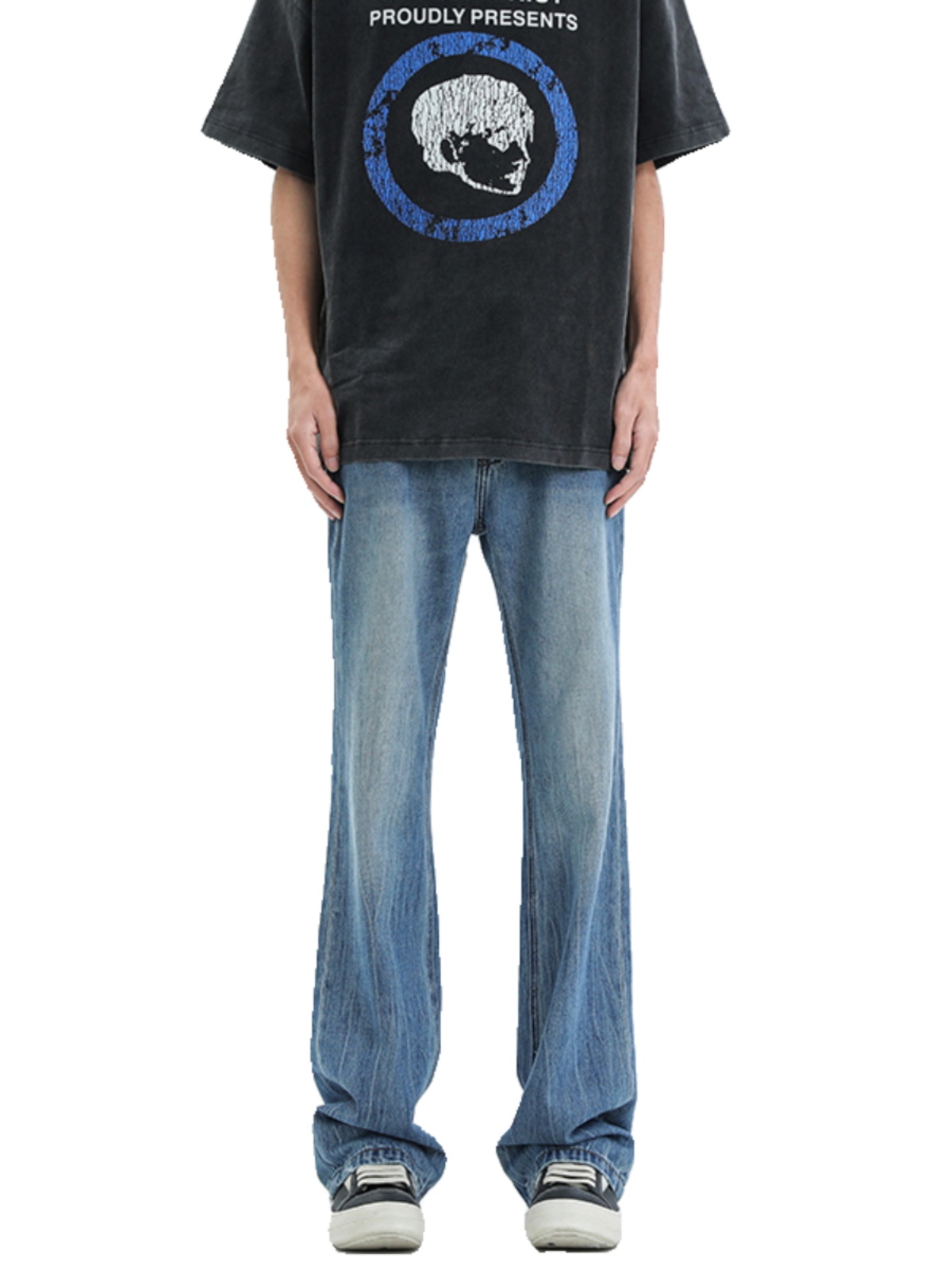 LEFT7春季新款美式高街闪电纹水洗浅蓝色牛仔裤男嘻哈直筒微喇裤-图3