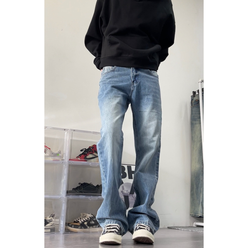 LEFT7 美式高街vibe闪电纹水洗牛仔裤男修身微喇cleanfit显瘦裤子 - 图2