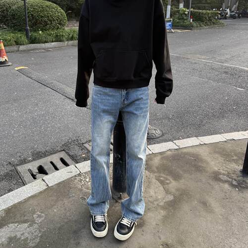 LEFT7 美式高街vibe闪电纹水洗牛仔裤男修身微喇cleanfit显瘦裤子 - 图0
