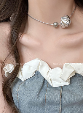 高级氛围感玫瑰花珍珠颈链choker小众项链法式百搭时尚项圈女配饰