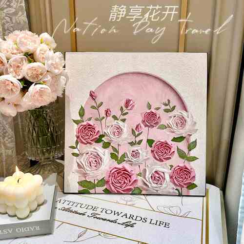 奶油风入户玄关摆件装饰画玫瑰花卉床头卧室家居饰品电视柜摆件 - 图3