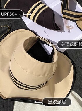 高倍防晒黑胶大沿条纹空顶帽子女