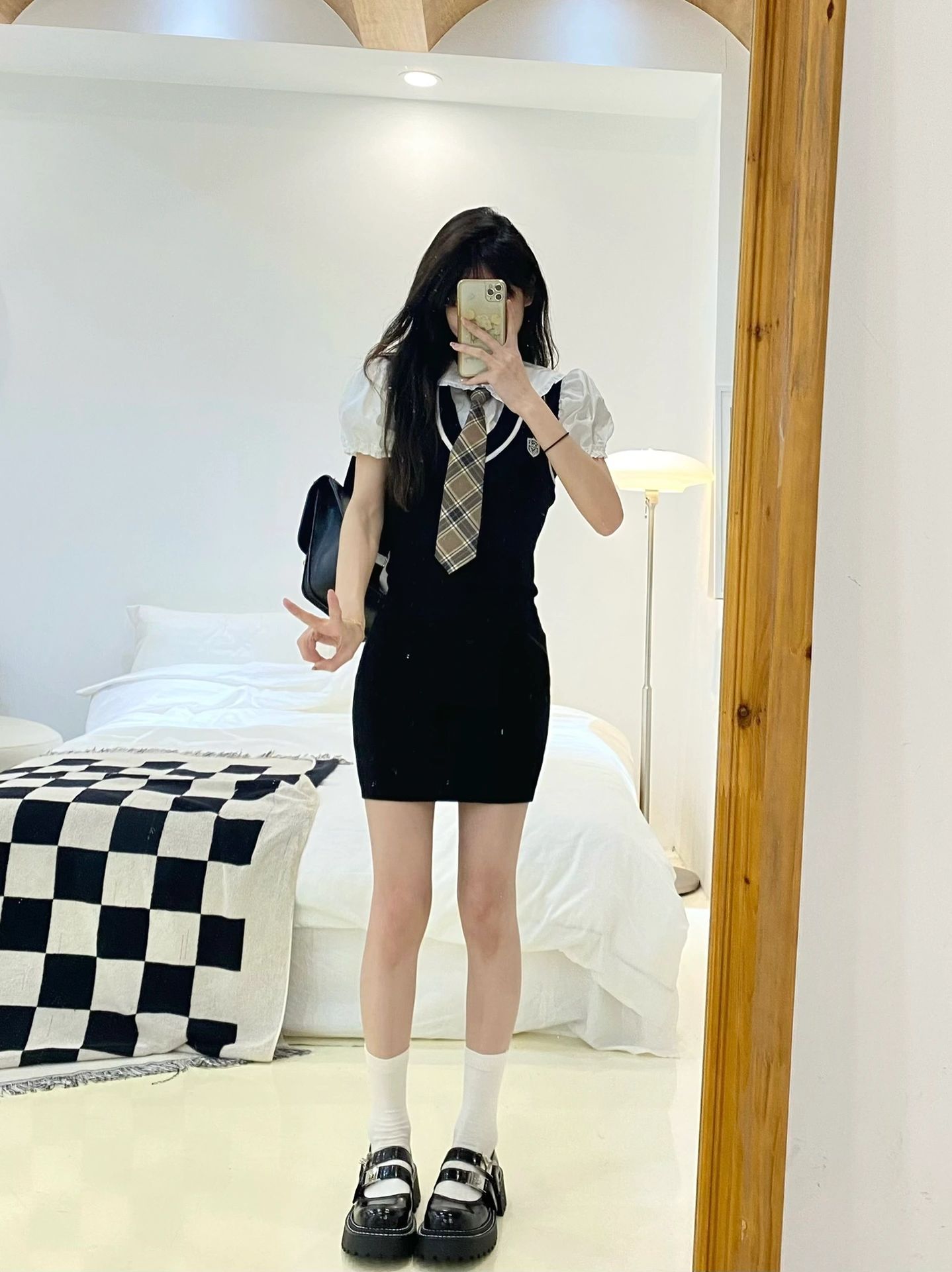 美式校园学院风JK制服马甲裙白色衬衫两件套夏季辣妹套装连衣裙女 - 图1