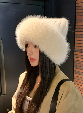 时尚可爱猫耳蒙古帽子女秋冬百搭针织毛线帽加绒大头围显脸小毛绒