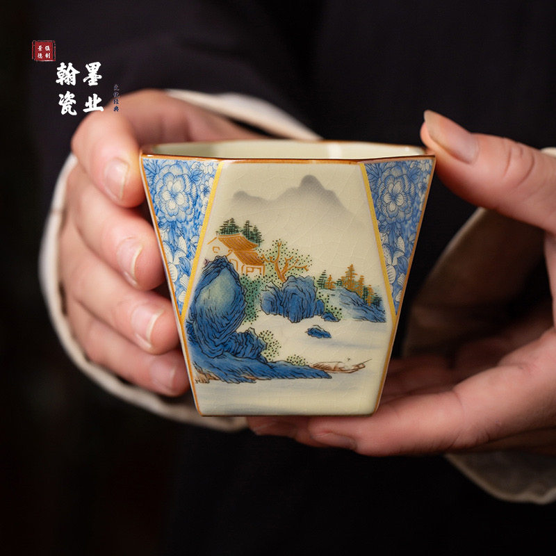 景德镇陶瓷粉彩汝窑兰山水八方杯家用个人专用主人杯开片可养茶杯,淘宝优惠券,粉丝福利购,淘宝优惠卷