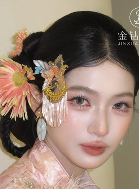新中式花瓶耳环女浅蓝色滴油梅花枝锆石耳坠国风气质显脸瘦耳饰女