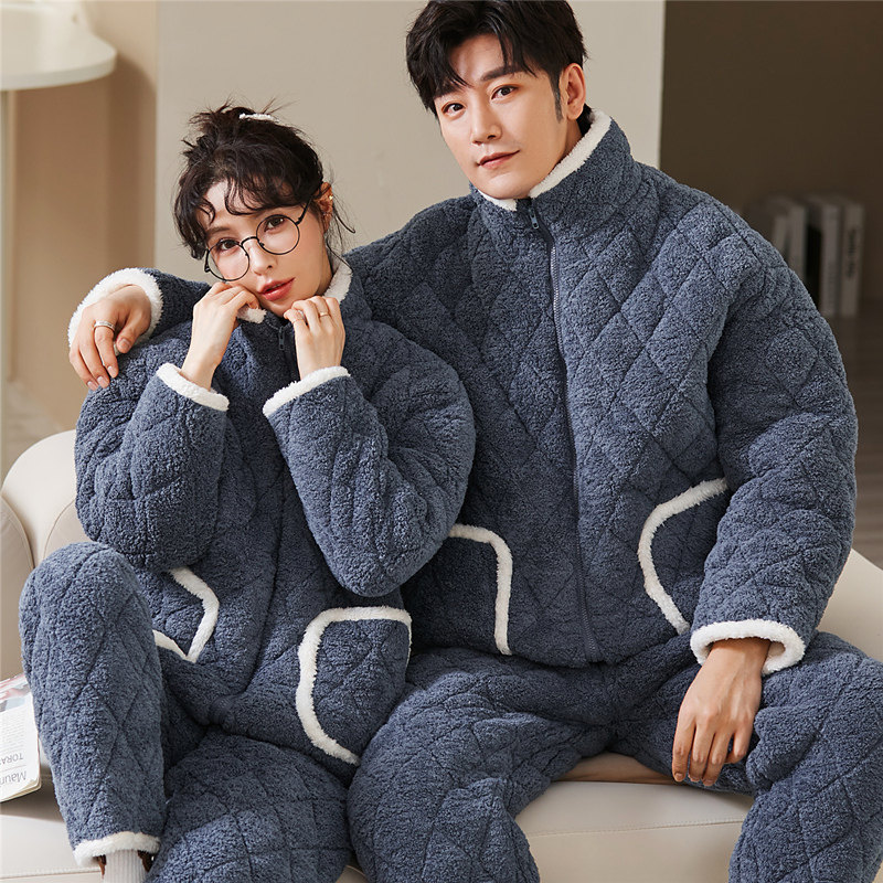 情侣秋冬季纯色拉链男士珊瑚绒夹棉 新特兰睡衣/家居服套装