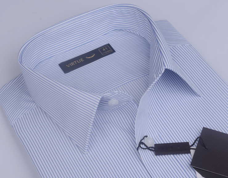 推新款富绅男装衬衫上衣白领职业装衬衣 淡蓝色免烫条纹衬衣 包邮 - 图0