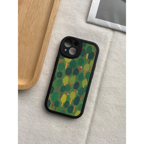 小白绘绿色森林插画iPhone13promax苹果15手机壳小米14全包防摔mate60软套华为nova12plus羊皮p70荣耀100适用 - 图1